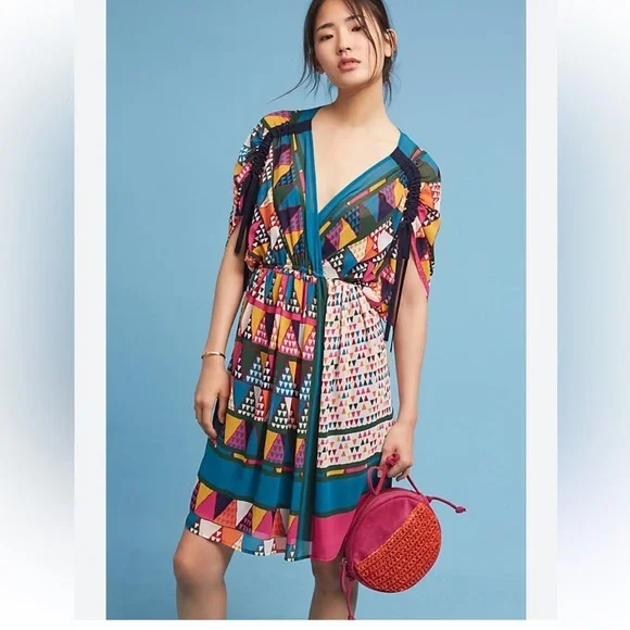 Maeve Anthropologie Semi Sheer Geometric Dress sz 4 V-Neck Cinch Shoulders Blue - Picture 3 of 11